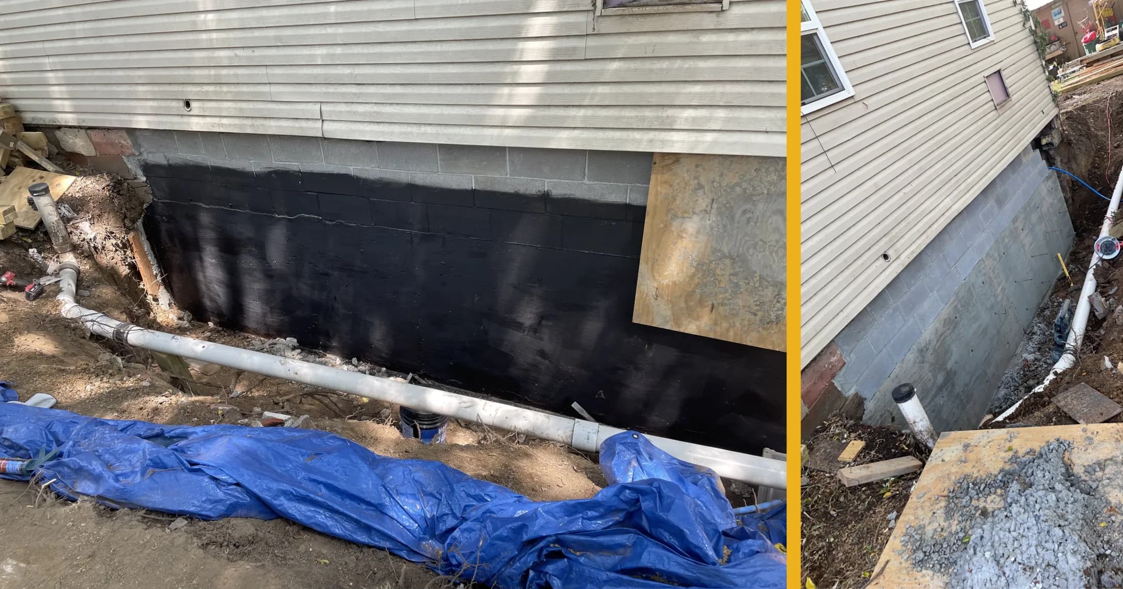 Cracked basement foundation wall before repair and the same wall straightened and reinforced after repair