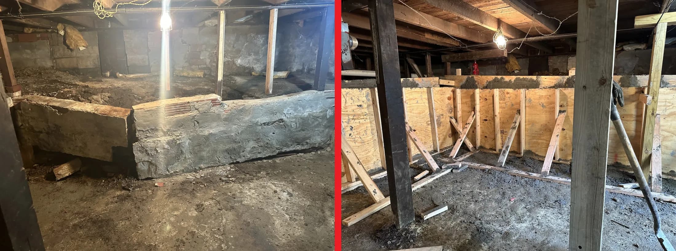 Before and after of a basement wall repaired by Pitt Foundation Repair