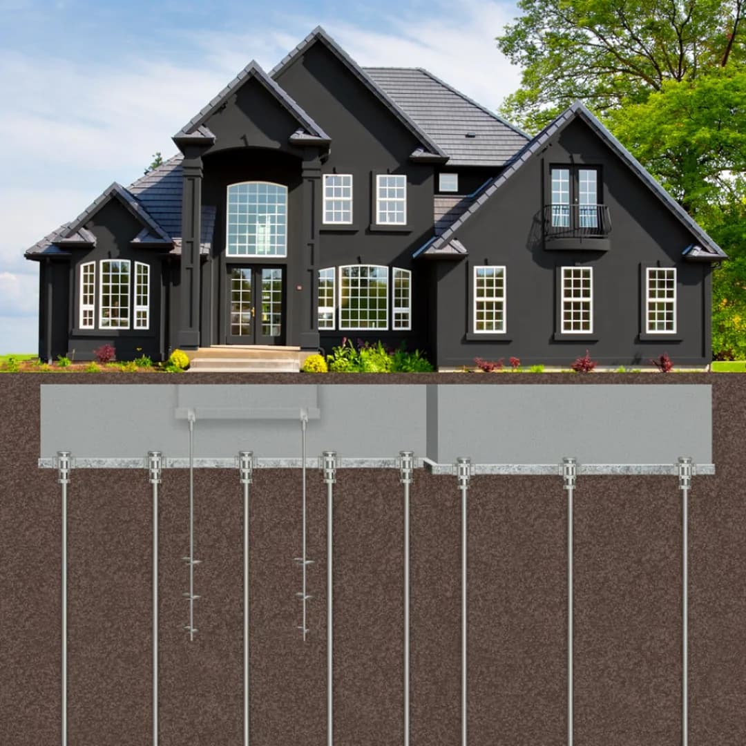 Cutaway diagram: steel push piers and helical piers carrying a home's foundation load down to stable soil below grade