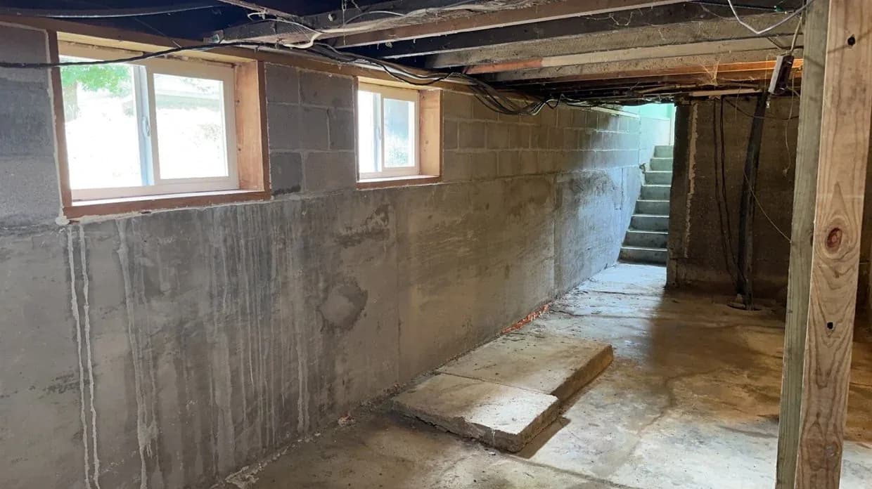 Parged concrete block basement wall with basement windows and exposed joists above