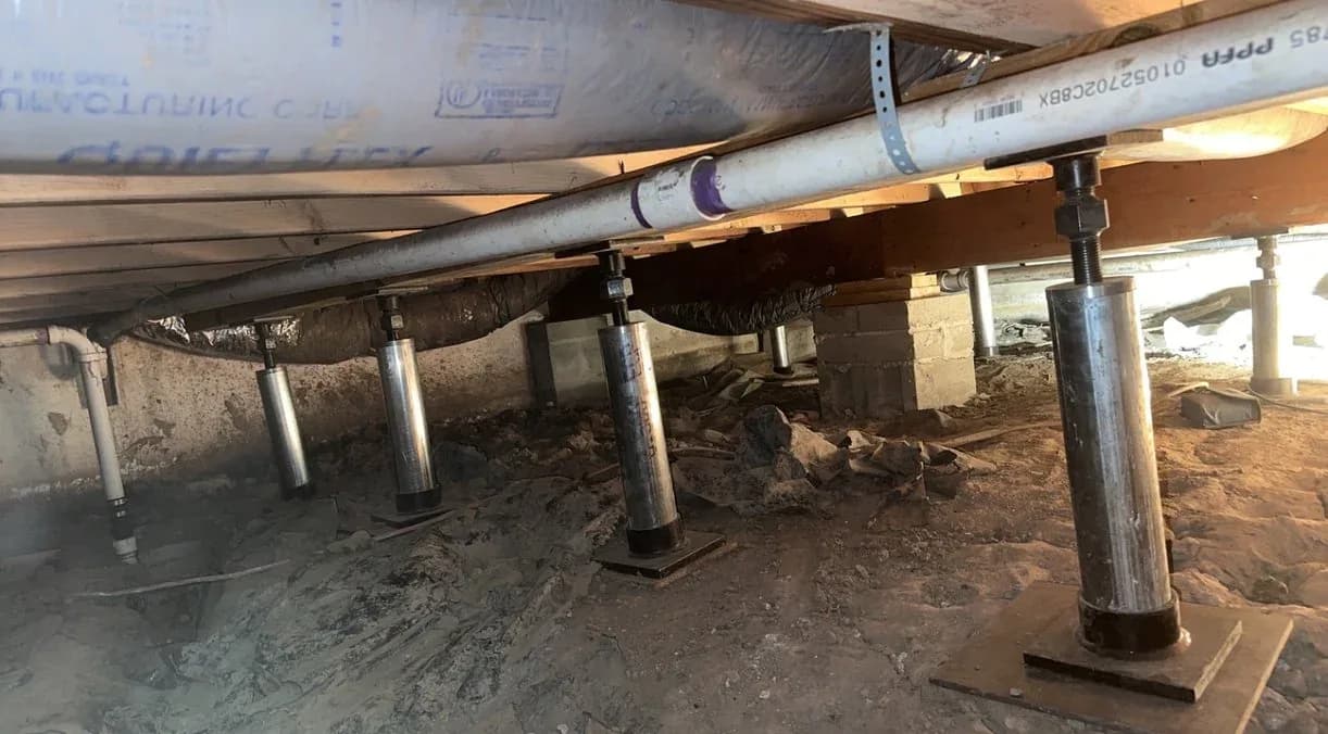 Steel screw jacks supporting floor beams during a foundation leveling repair