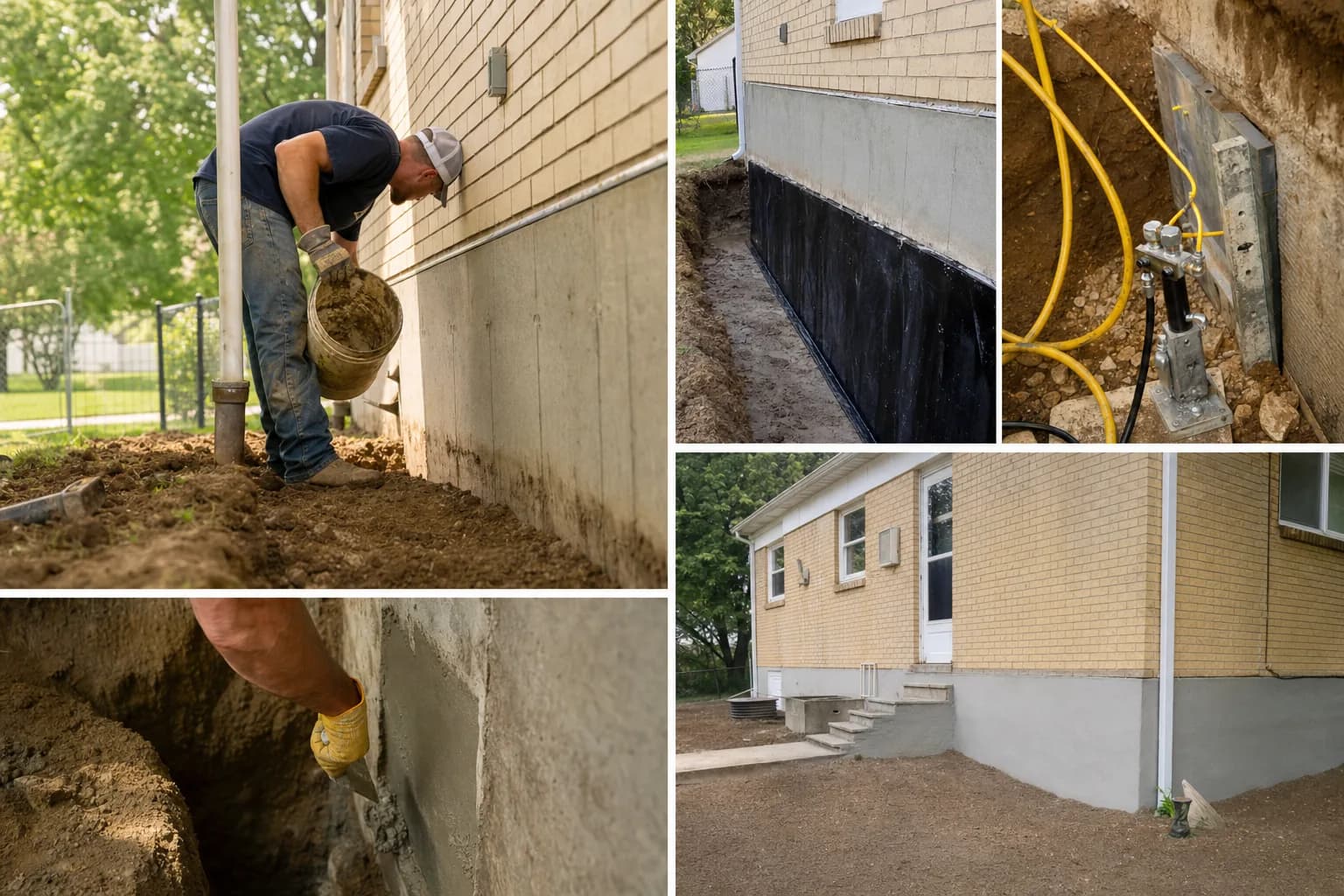Exterior foundation work in stages — parging the wall, waterproof membrane in the trench, a pier bracket at the footing, and the finished exterior